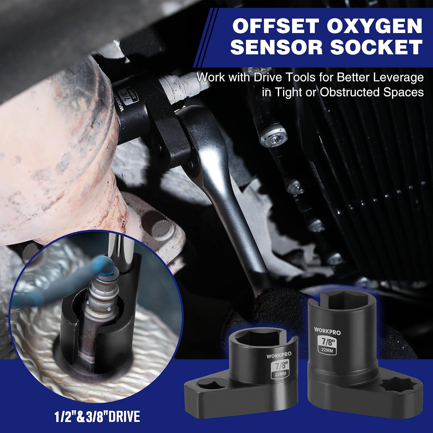 Black offset oxygen sensor socket wrench adapter set on an engine exhaust connection