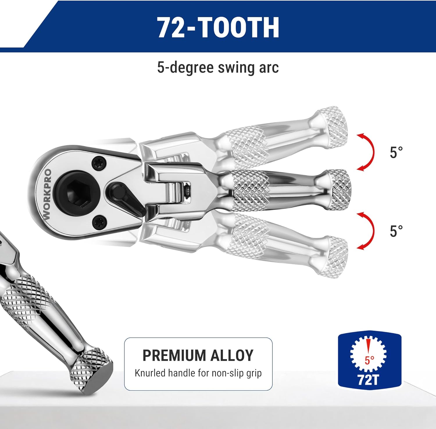 72-tooth stubby ratchet with 5-degree swing arc and knurled chrome handle