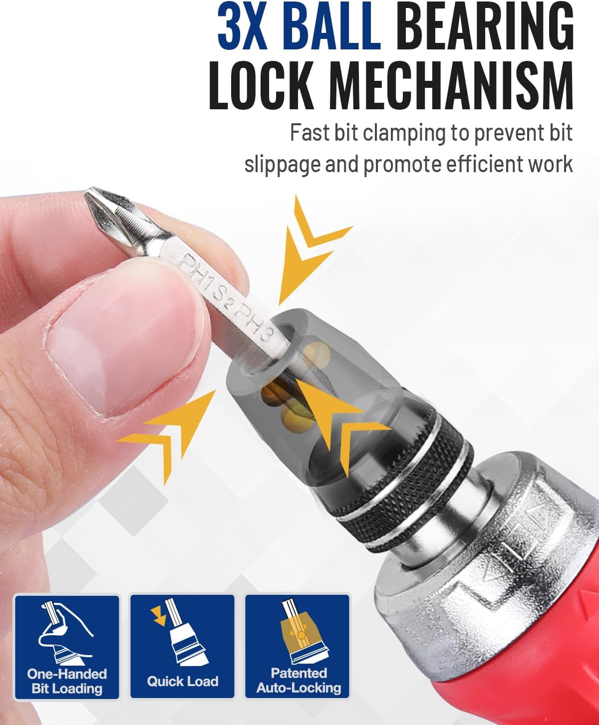 Ratcheting stubby screwdriver tip with magnetic bits and quick-load lock mechanism