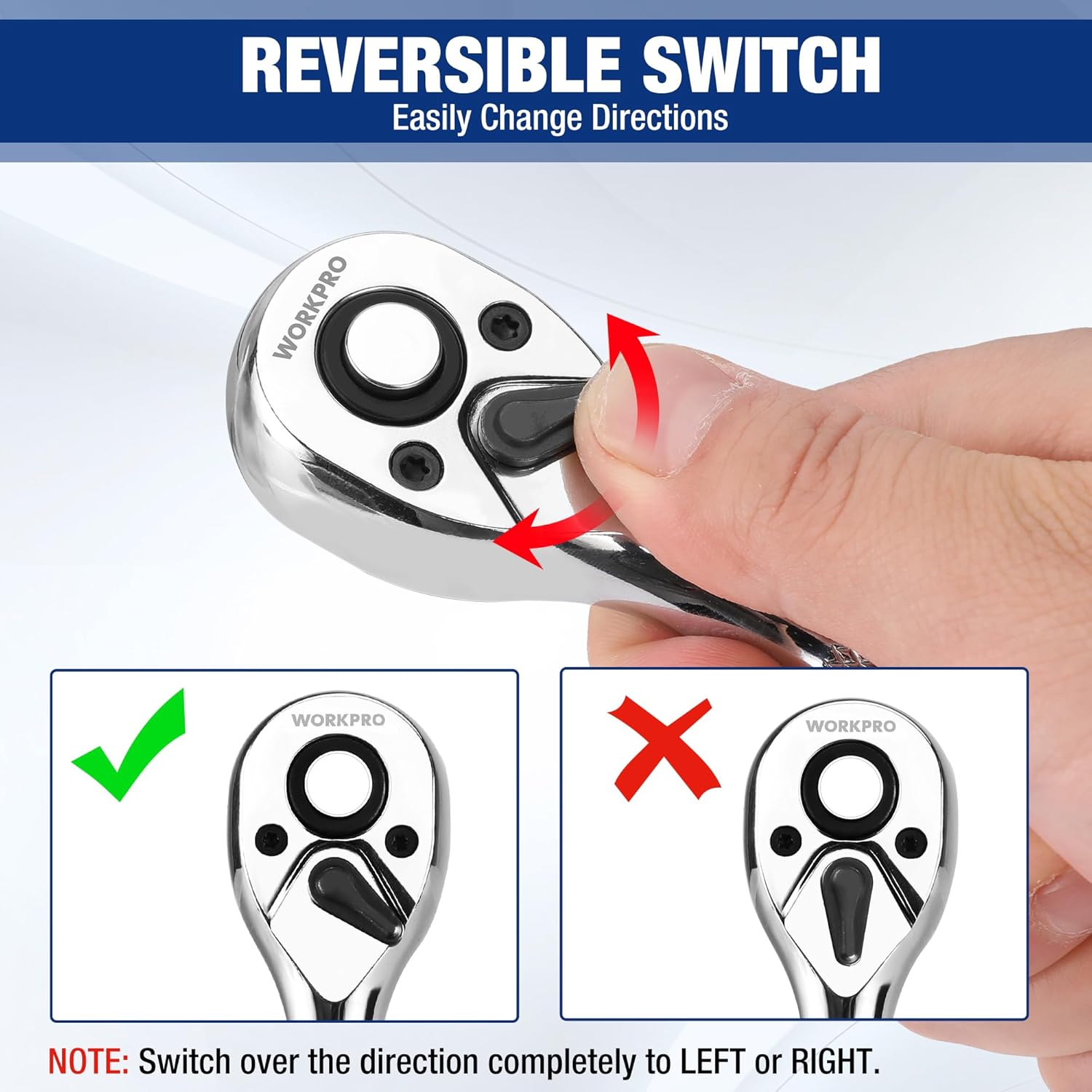 Reversible chrome ratchet handle with direction switch control for left or right drive