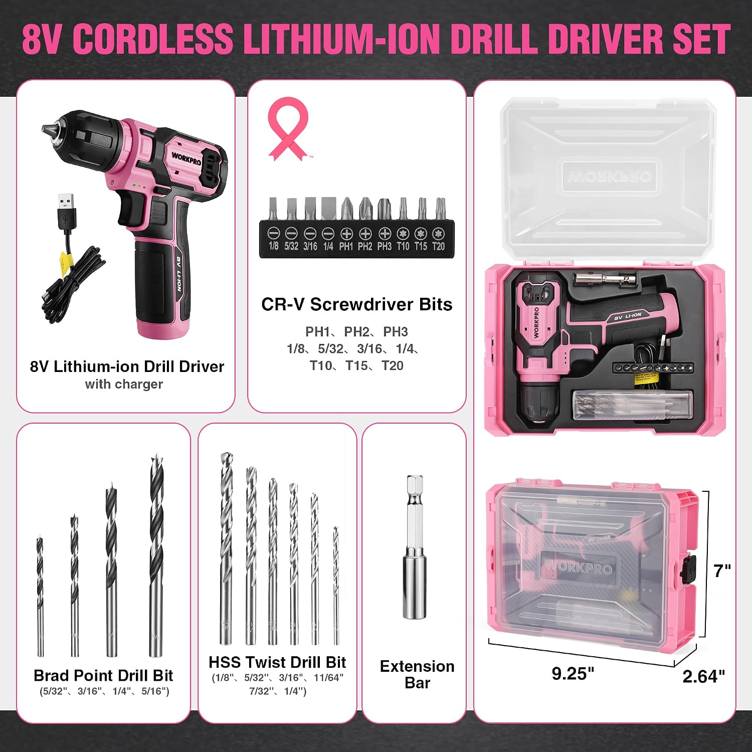 Pink 8V cordless drill driver set with charger, bit set, and storage case
