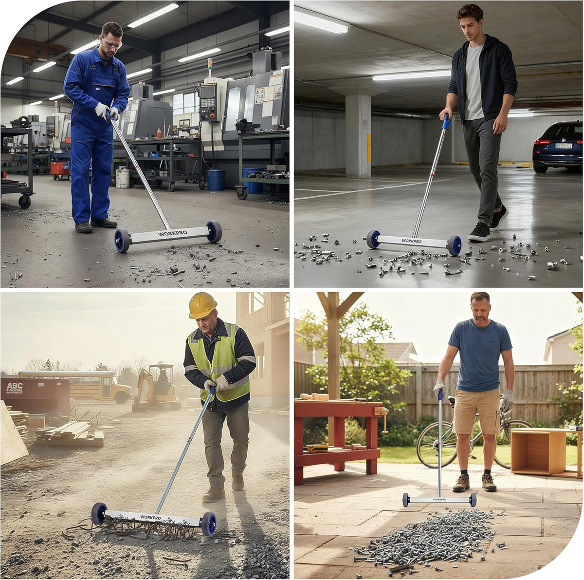 Telescoping magnetic sweeper cleaning workshop and outdoor surfaces with blue wheels