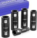 WORKPRO 5PCS Impact Socket Set 1/2" Drive, Lug Nut Socket Set, Wheel Socket Set Cr-Mo Steel, Includes 1PC 3" Extension Bar & 4PCS Flip Sockets of 6 Metric and SAE Sizes