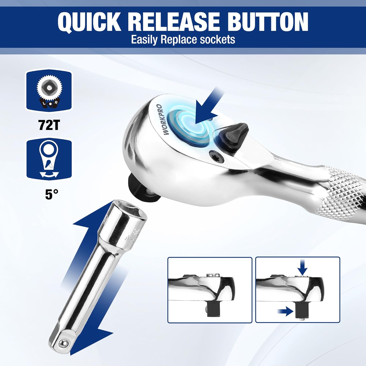 Chrome stubby ratchet with quick-release button and 72T reversible ratcheting head