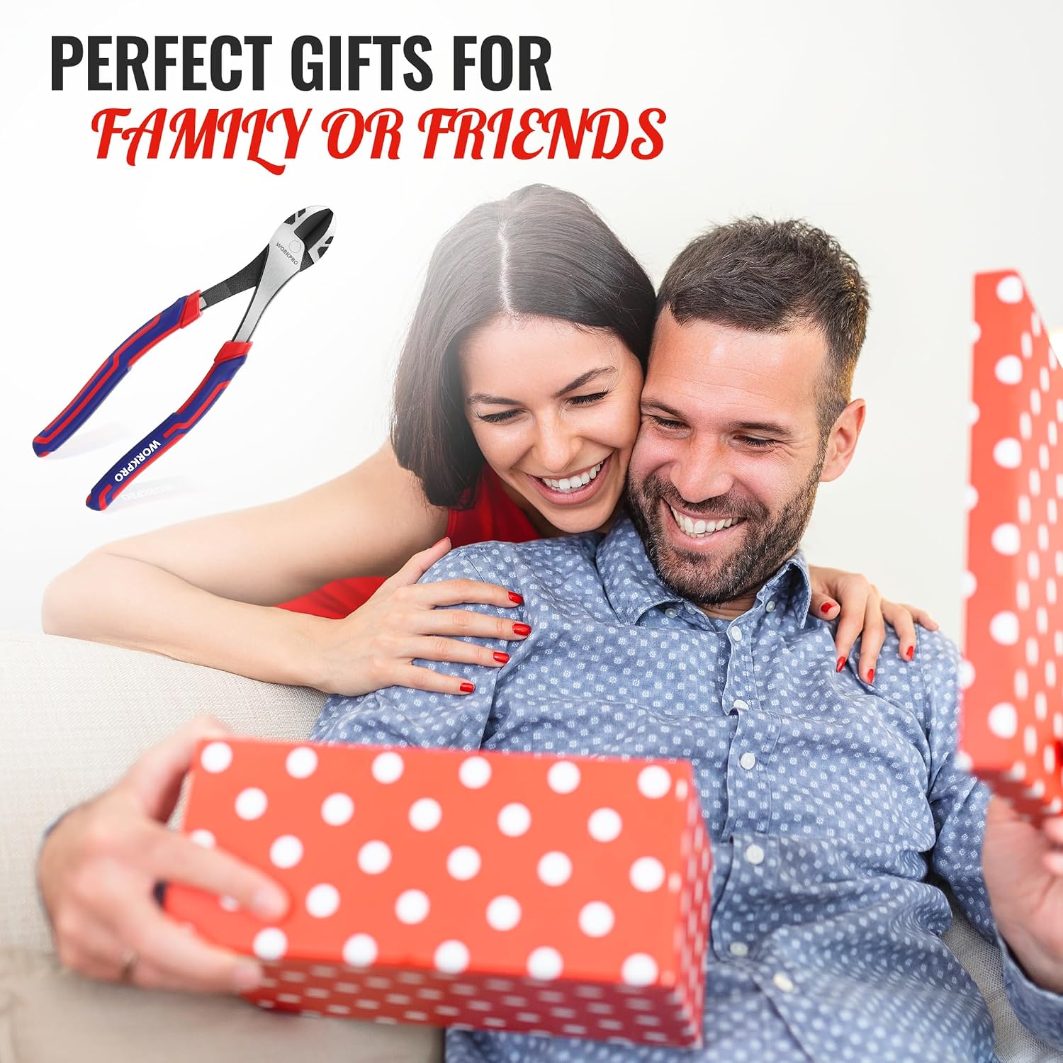 WORKPRO diagonal pliers as a gift item with red-blue handles and angled cutting head
