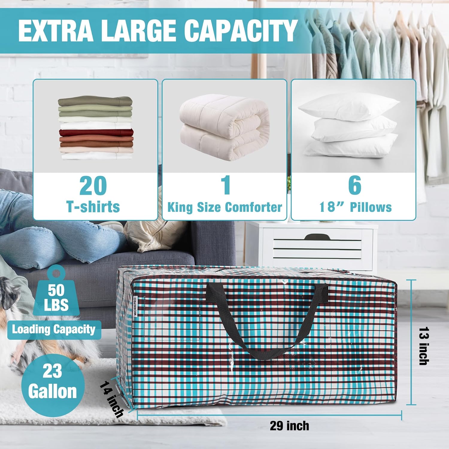 Large plaid moving bag with reinforced handles and zipper closure, shown front view