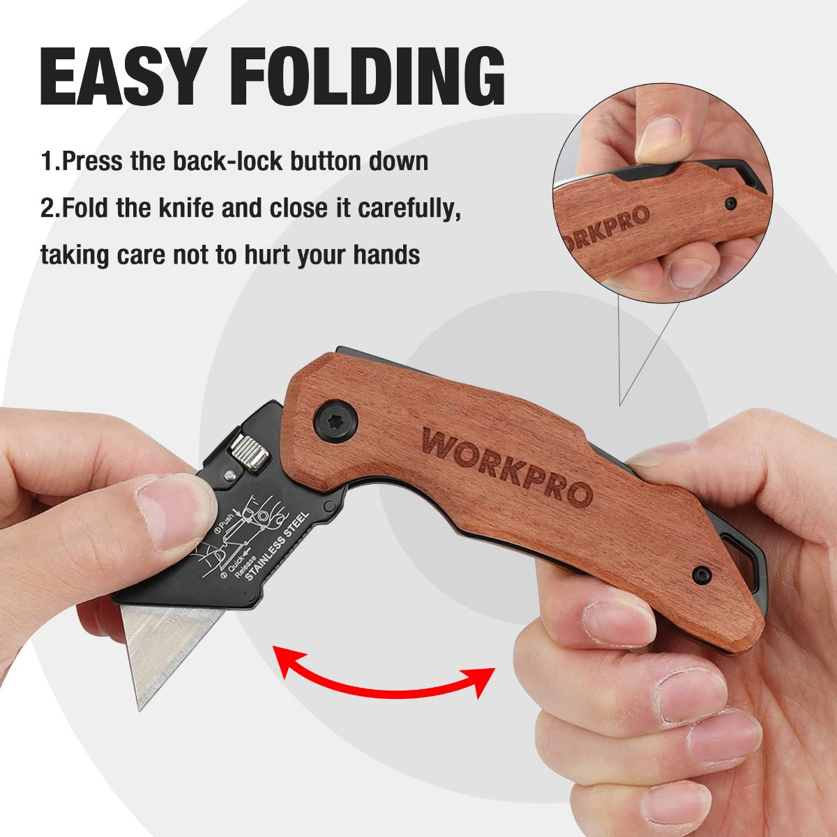 Folding utility knife with wood handle, back-lock button and folding hinge