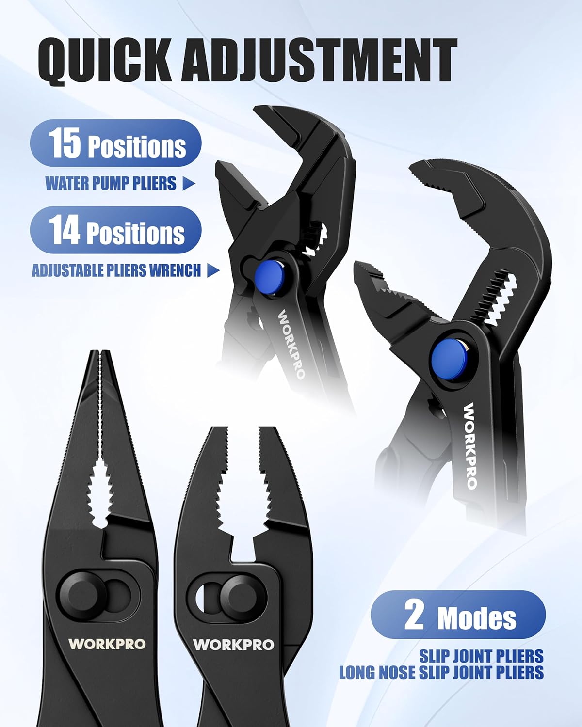WORKPRO mini pliers with blue adjustment dots and multiple position jaws (2-mode slip joint)