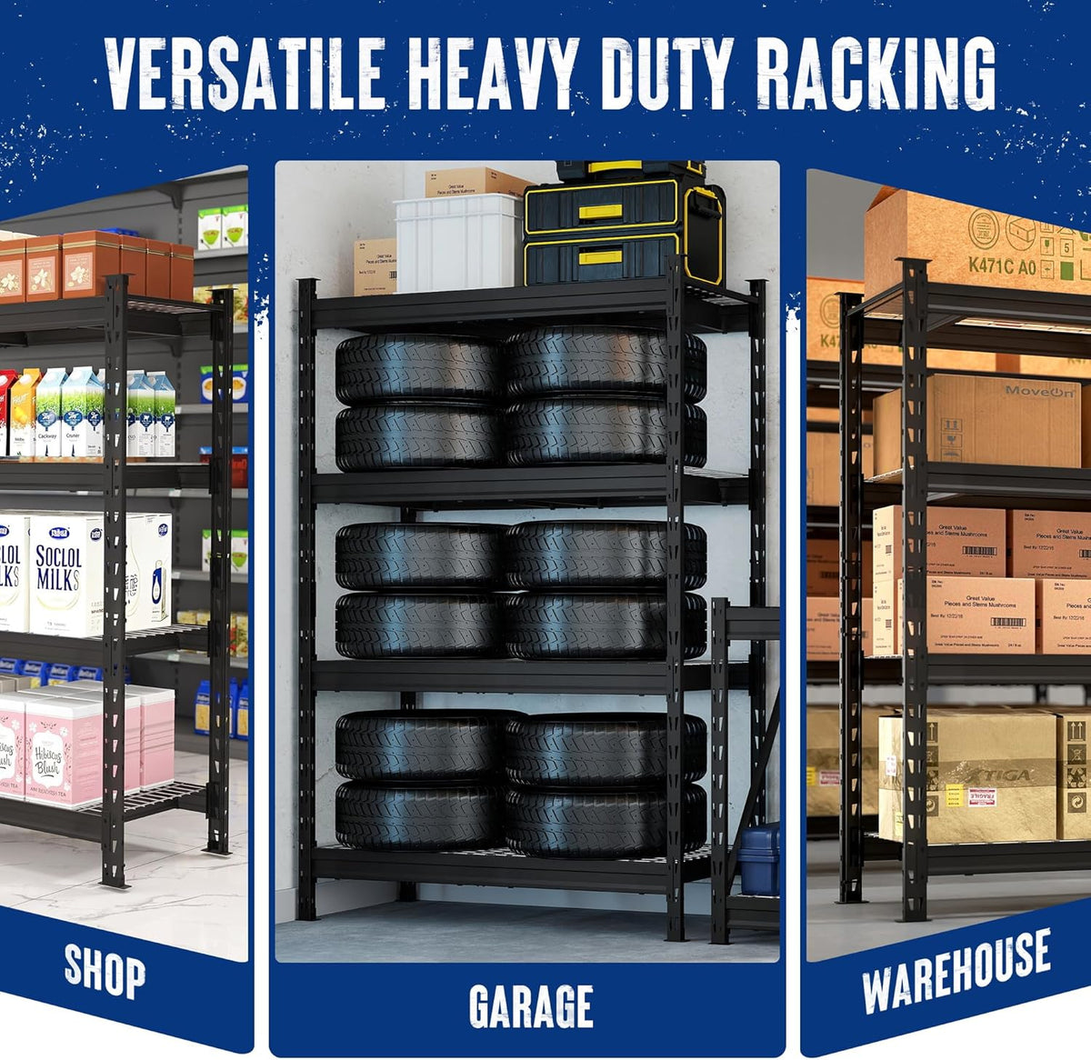 Black versatile 4-tier heavy-duty metal racking unit with adjustable shelves