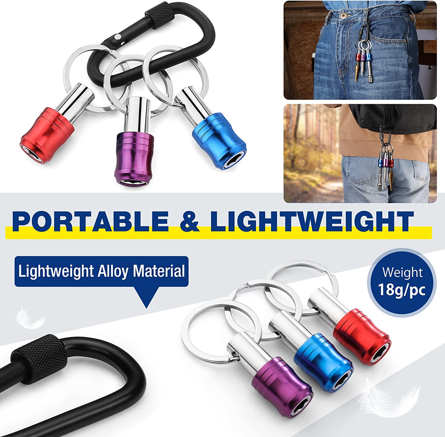 Portable keychain hex bit holder set with black strap and red, purple, blue quick-release caps