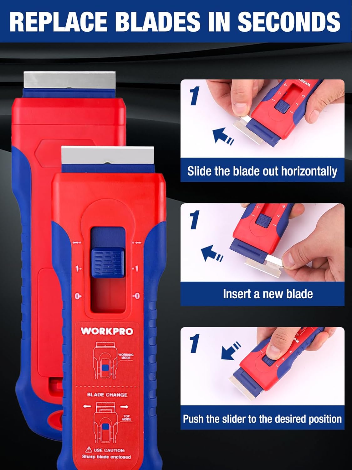 Retractable razor blade scraper showing blade replacement slider and new blade, red and blue