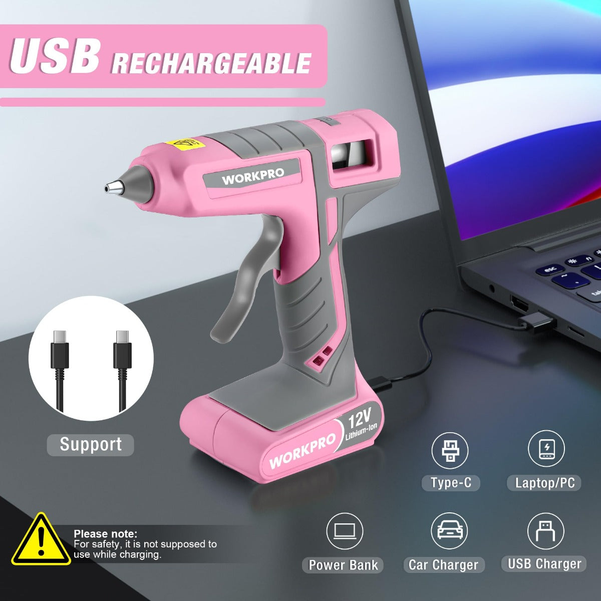 Pink 12V USB rechargeable hot melt glue gun with cable and charging icons