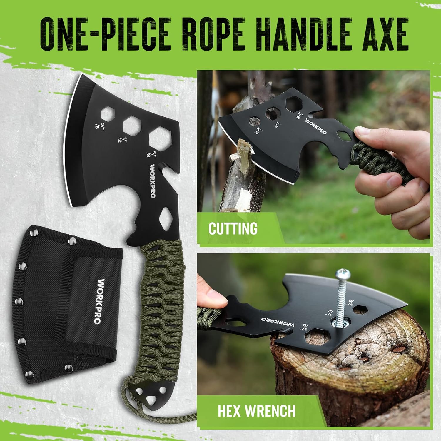 One-piece camping axe with paracord handle, black sheath, and hex wrench tool