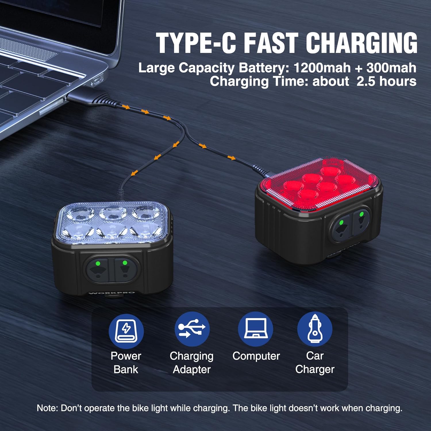 Rechargeable bike lights with black housings, red rear LED and white front LED