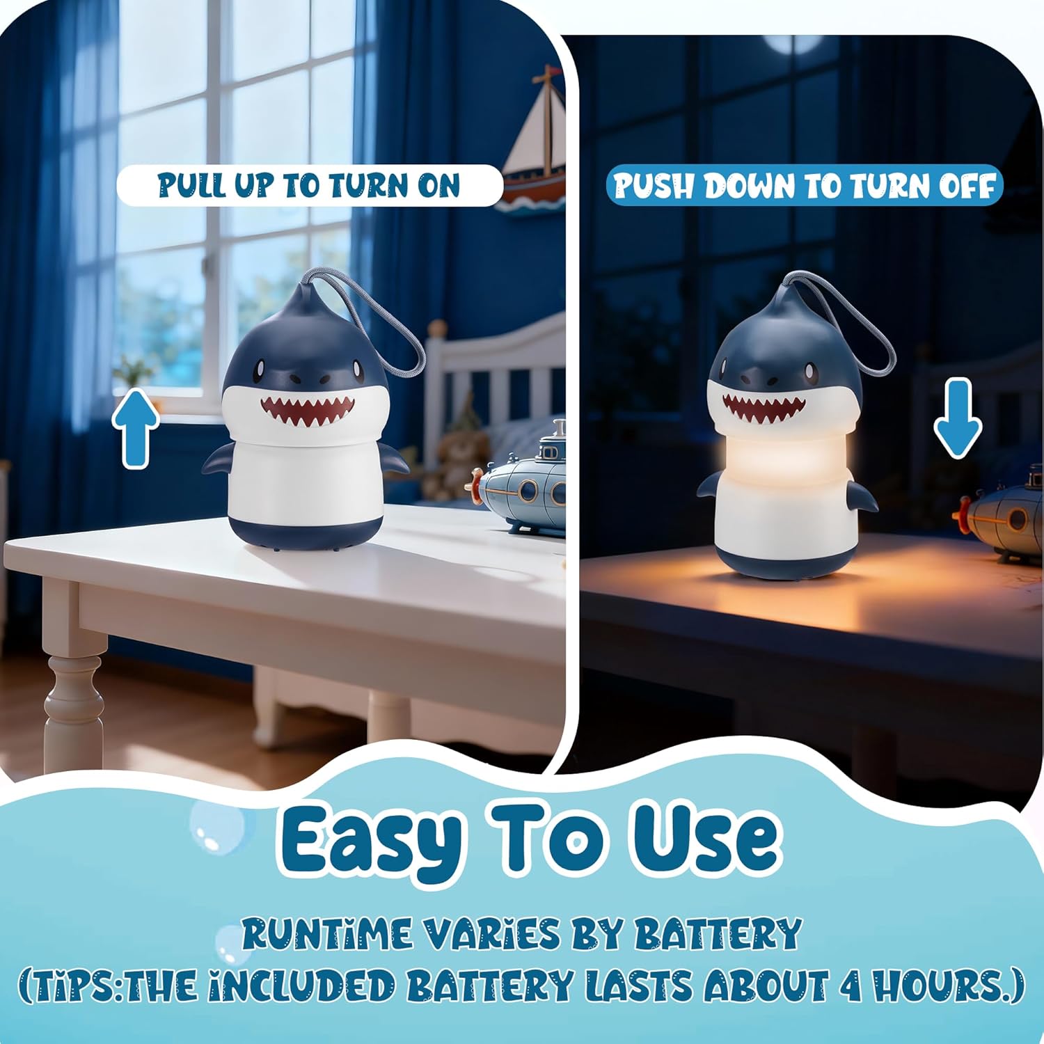 Blue shark-shaped camping lantern with white base and hanging loop lanyard, glowing