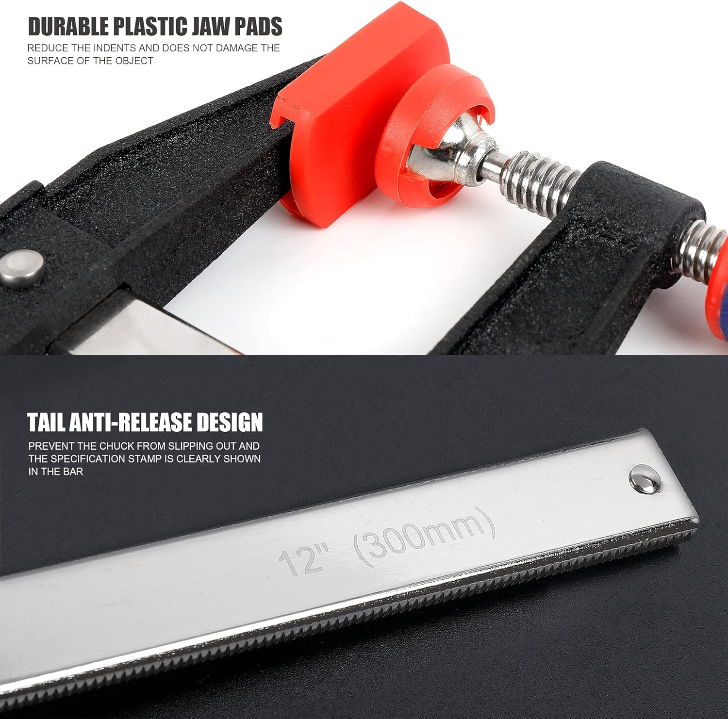 Bar clamp close-up: durable plastic jaw pads and anti-release design on steel bar