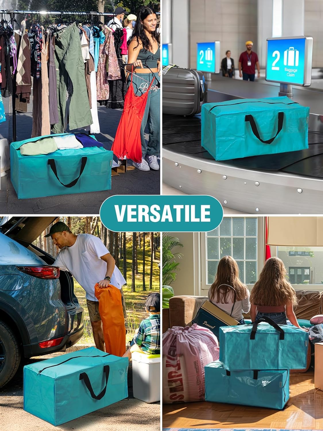 Blue versatile moving storage tote with black handles for shopping and loading