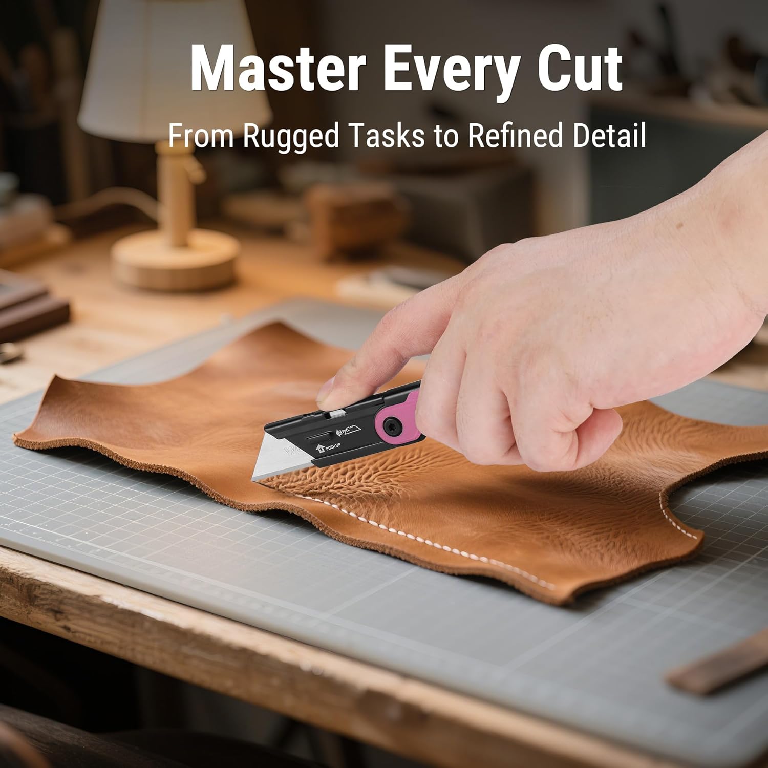 Pink folding utility knife cutting material on a workbench with cutting mat.