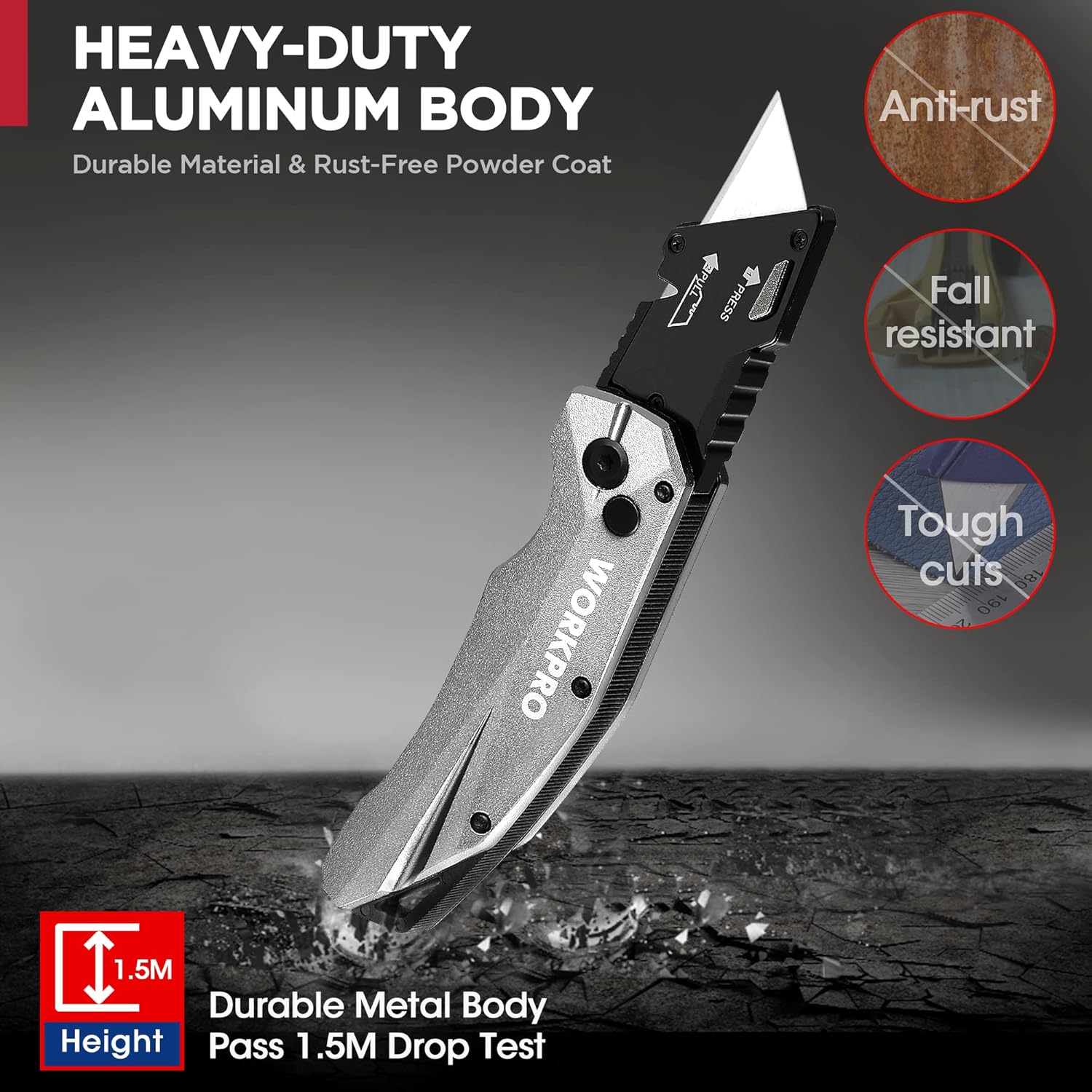 WORKPRO heavy-duty folding utility knife with metal body and open blade