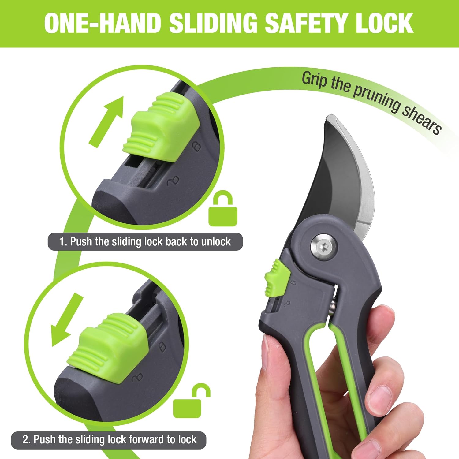 Bypass pruning shears with one-hand sliding safety lock and green grip accents