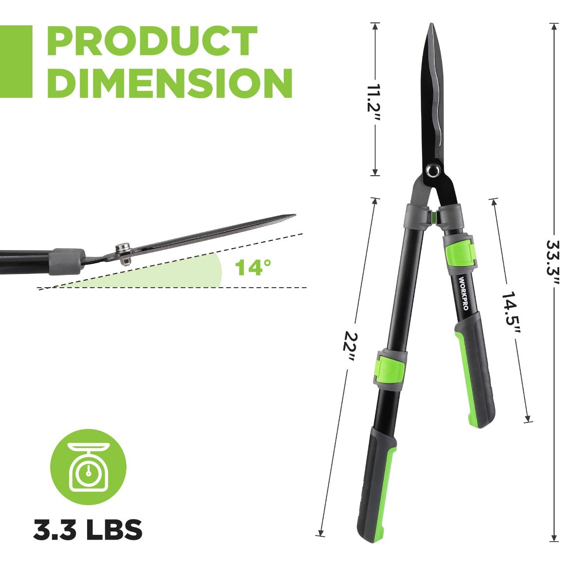 Manual hedge trimmer with black handles and green grips, pointed blades (dimensions shown)