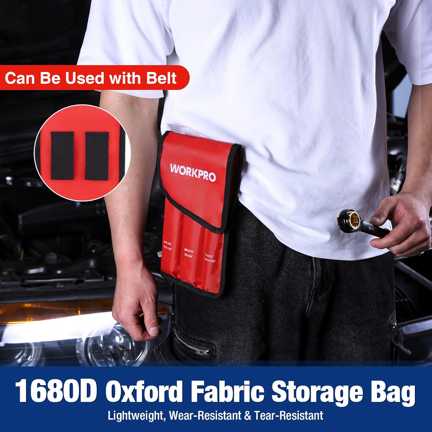 Red fabric storage bag with WORKPRO logo; ratcheting wrench held near engine