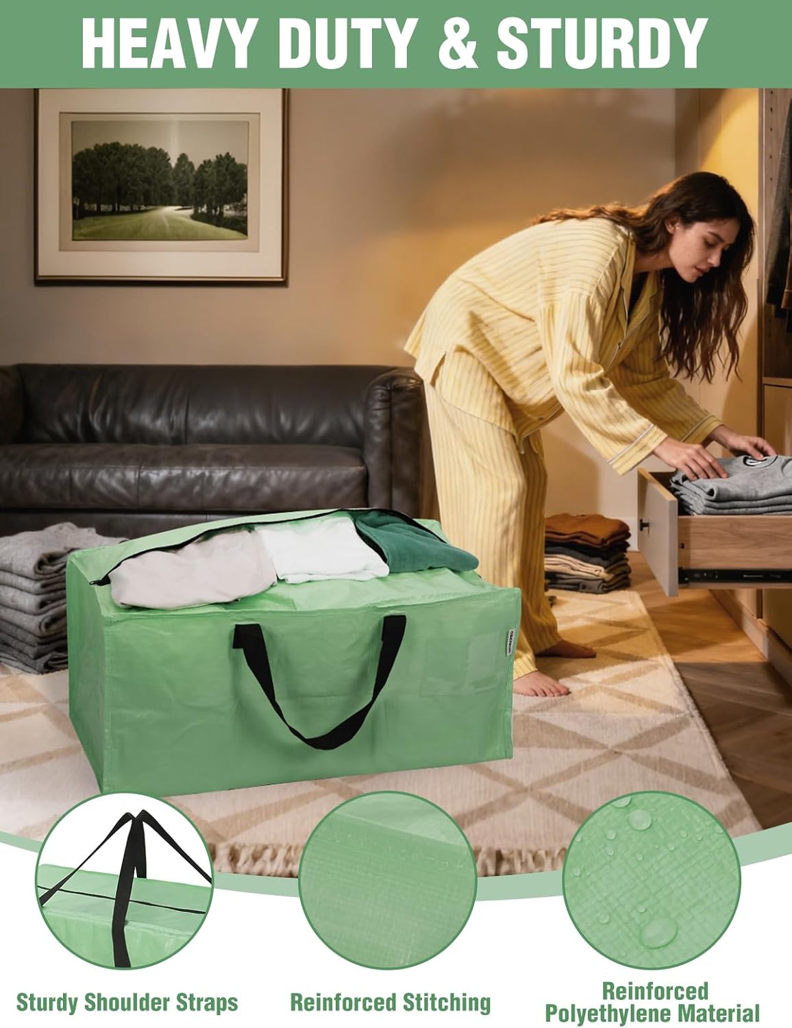 Green heavy-duty storage bag with black straps and reinforced stitching, open top