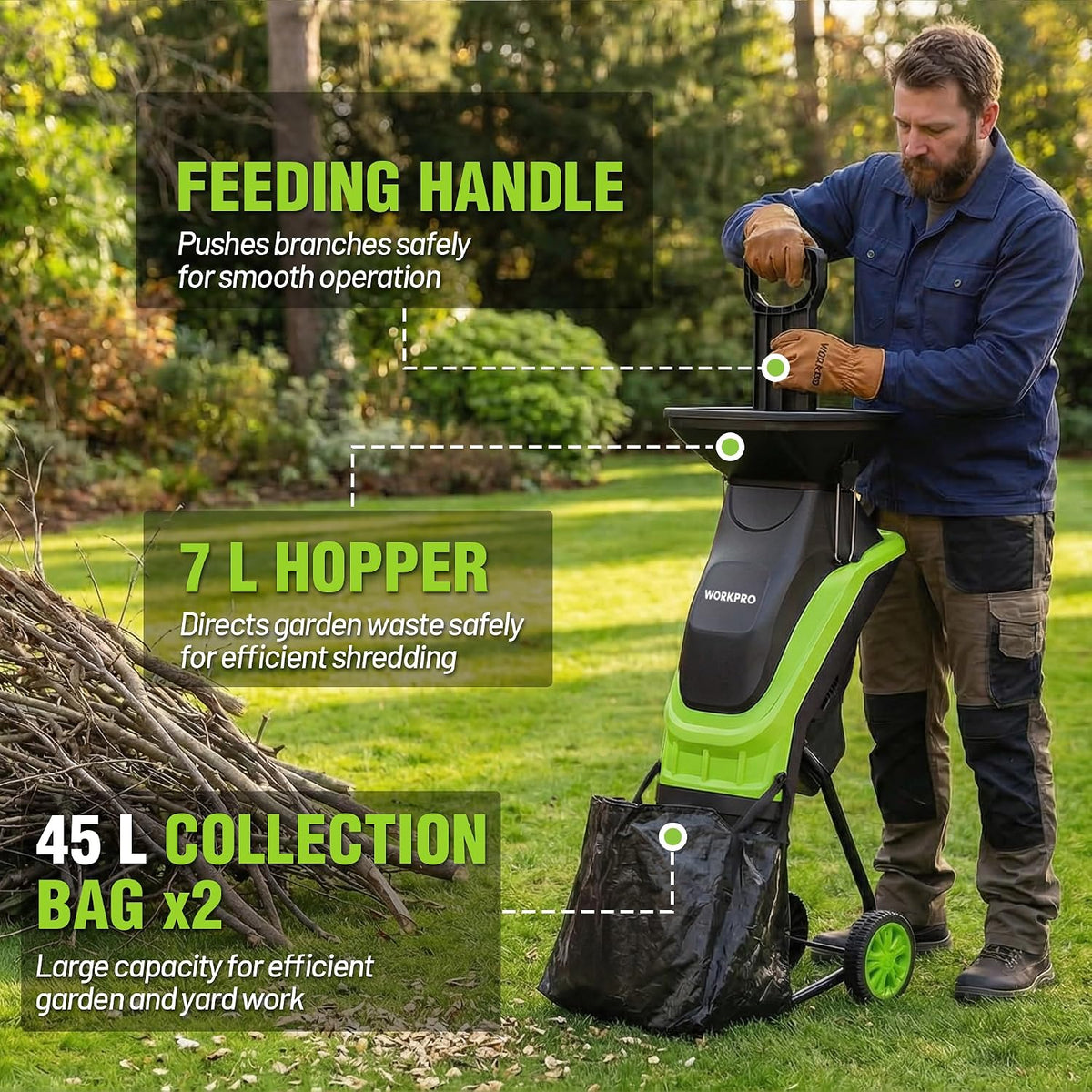 Electric wood chipper with large hopper and wheels beside a yard; collection bag attached.