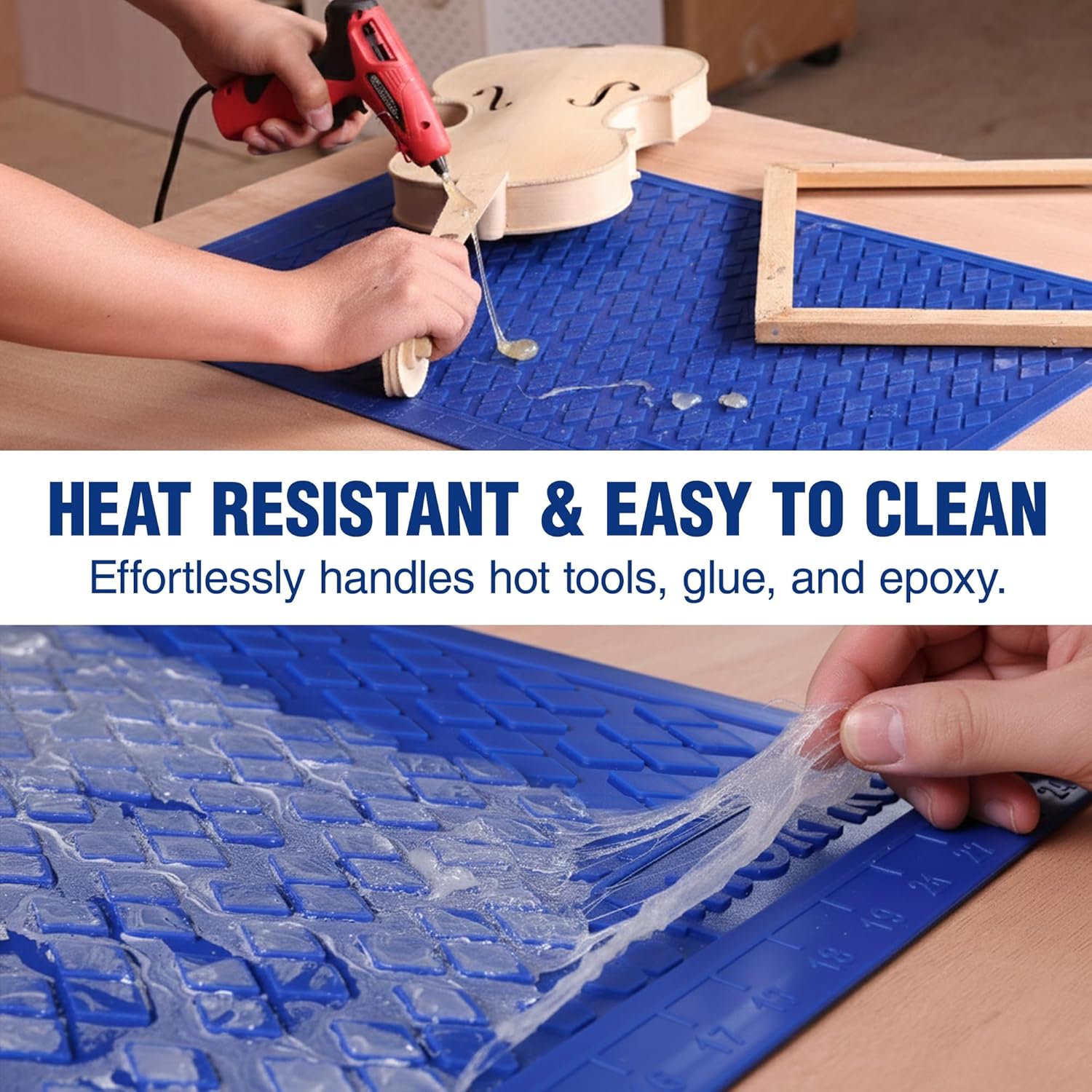 Blue silicone mat on workbench during tool use; textured non-slip surface