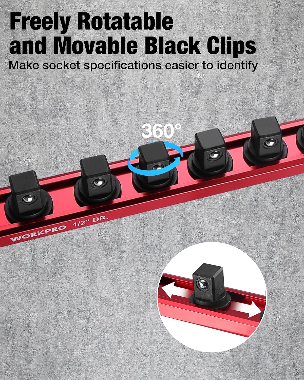 Red socket rail with freely rotatable black clips for easy socket identification