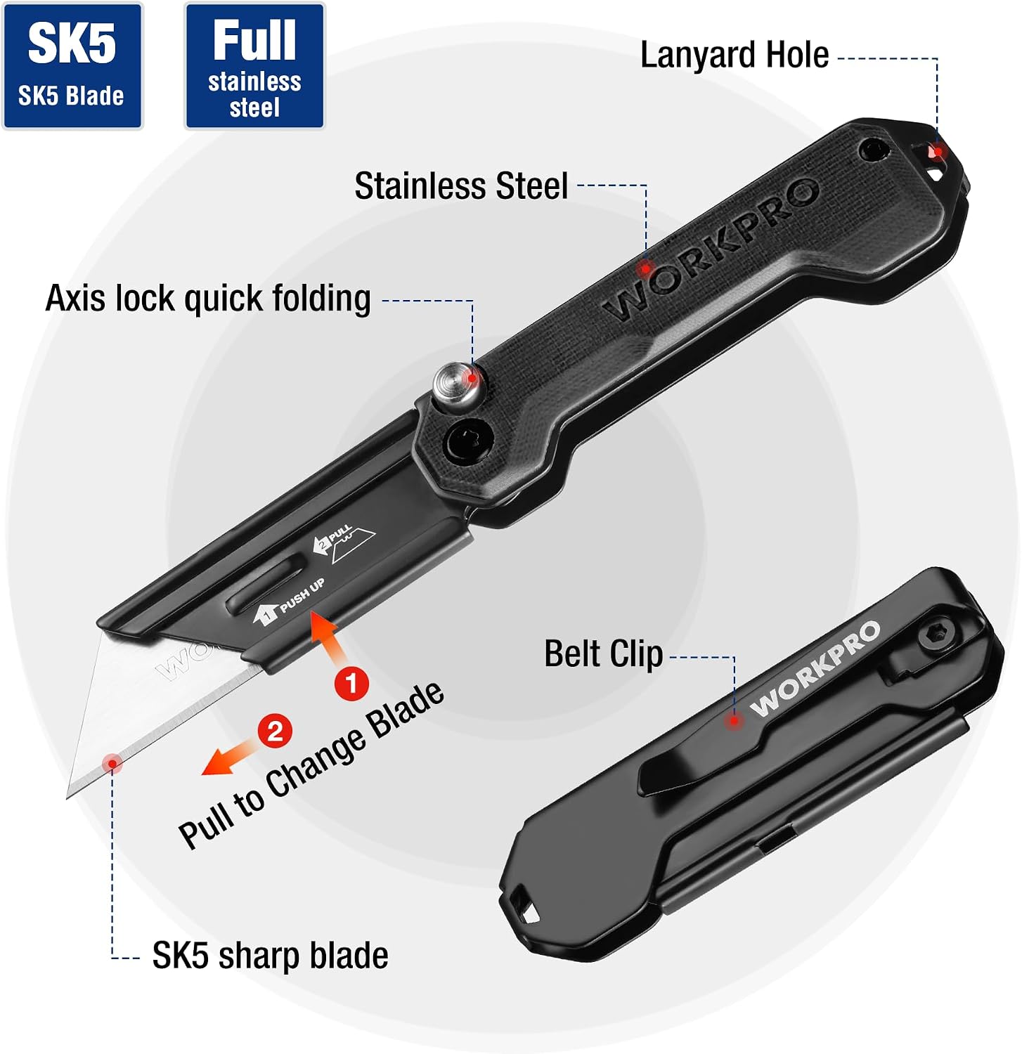 Foldable utility knife with axis lock, belt clip, and pull-to-change blade