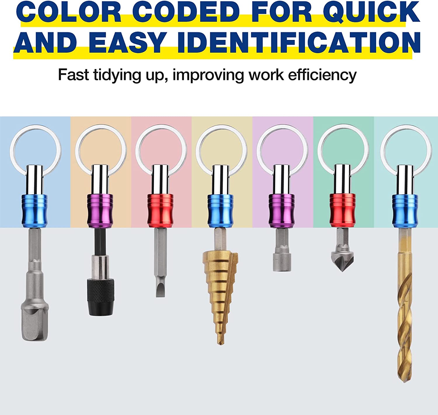 Color-coded 1/4-inch hex bit holder keychains with different bit tip shapes