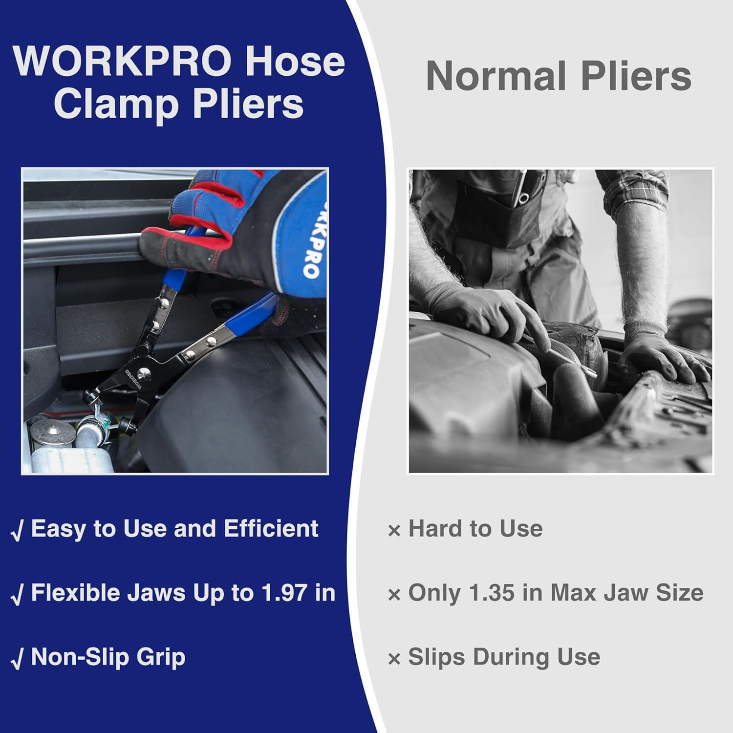 Hose clamp pliers with blue non-slip handles shown in use and grip close-up