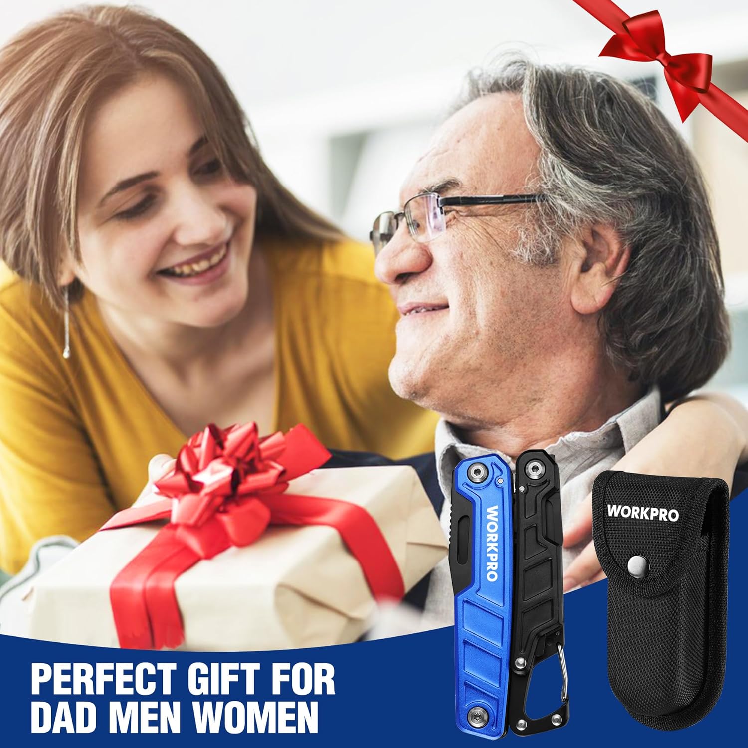 Blue and black multitool pliers with black fabric pouch, shown as a gift item