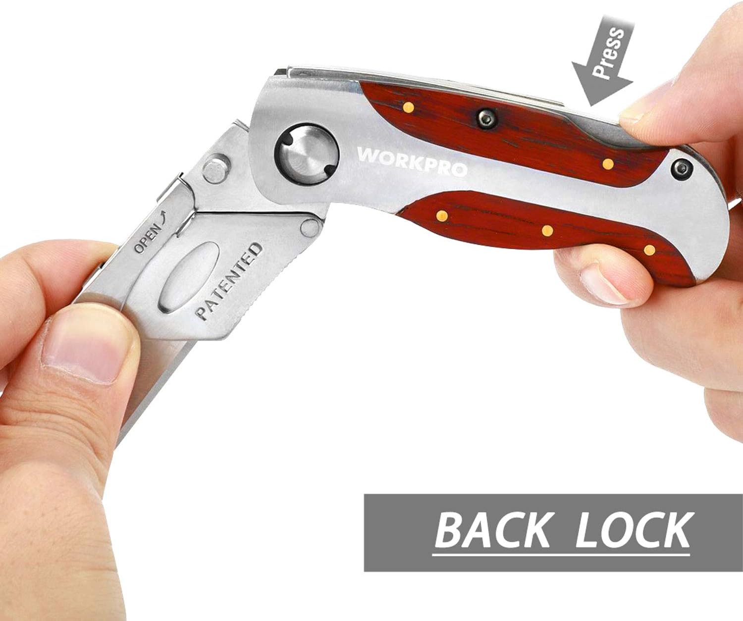 Compact folding utility knife with silver body, red wood-grain handle, and thumb opening