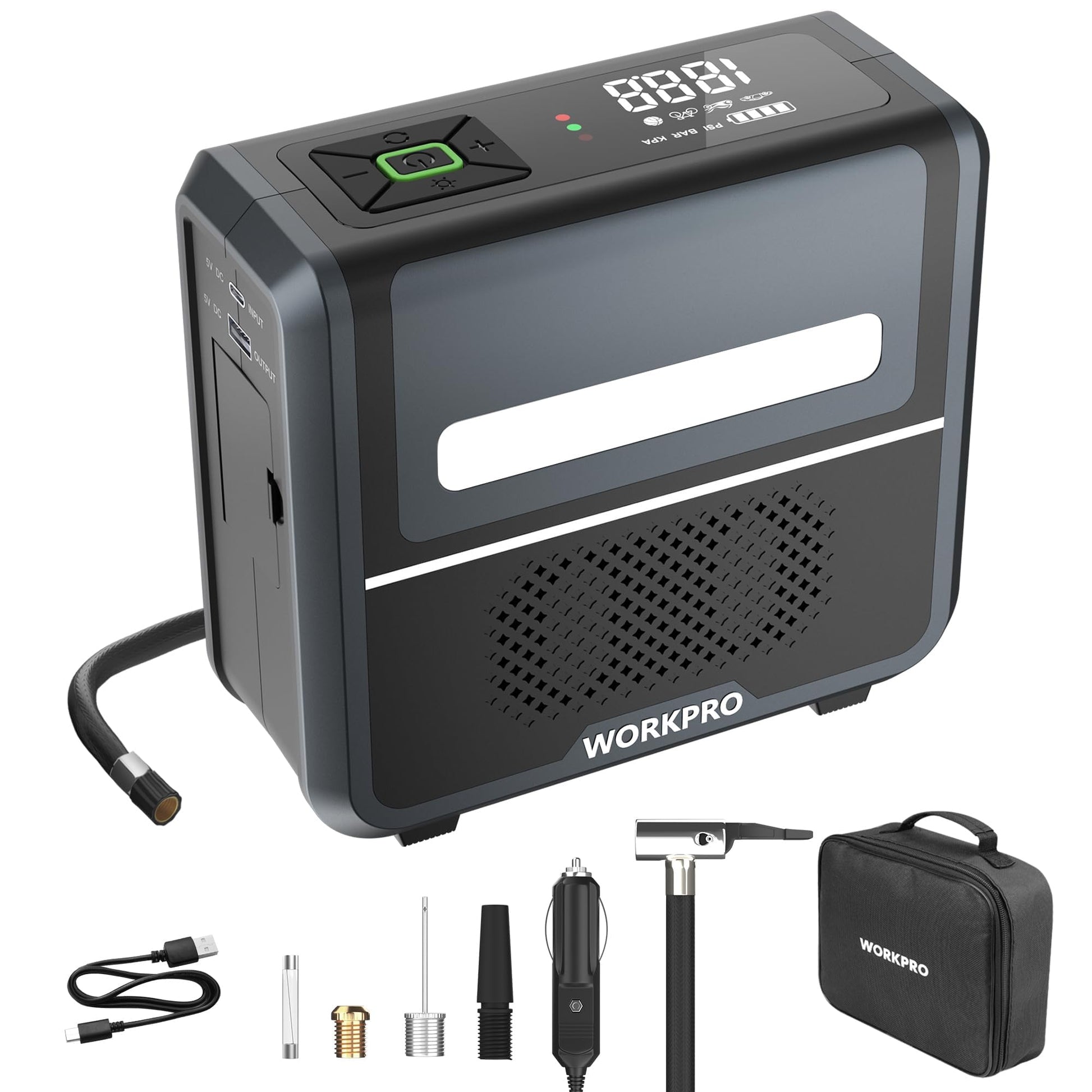 Portable tire inflator with top display panel, side vented grille, and built-in handle