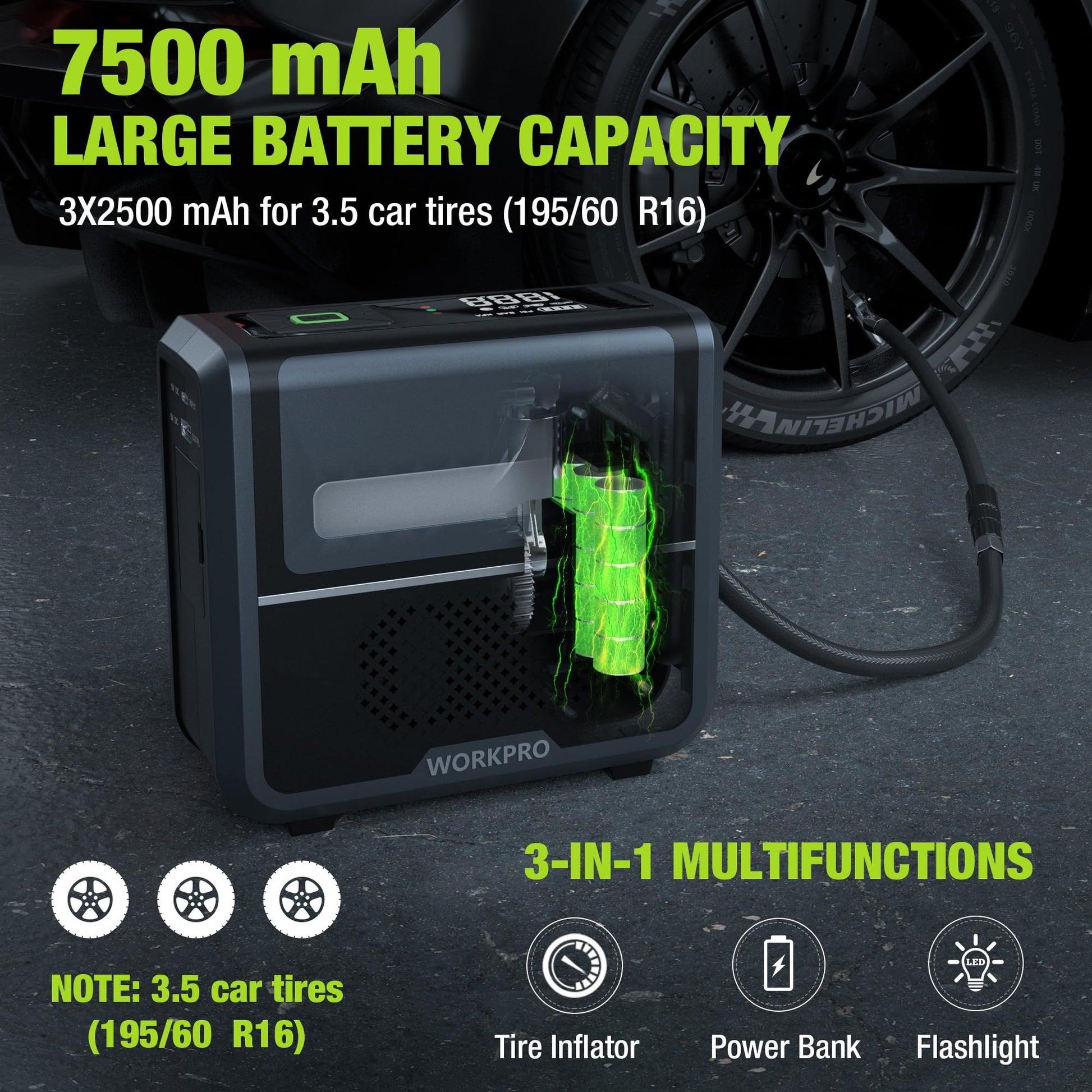 Portable tire inflator air compressor with large battery housing window and charging cable