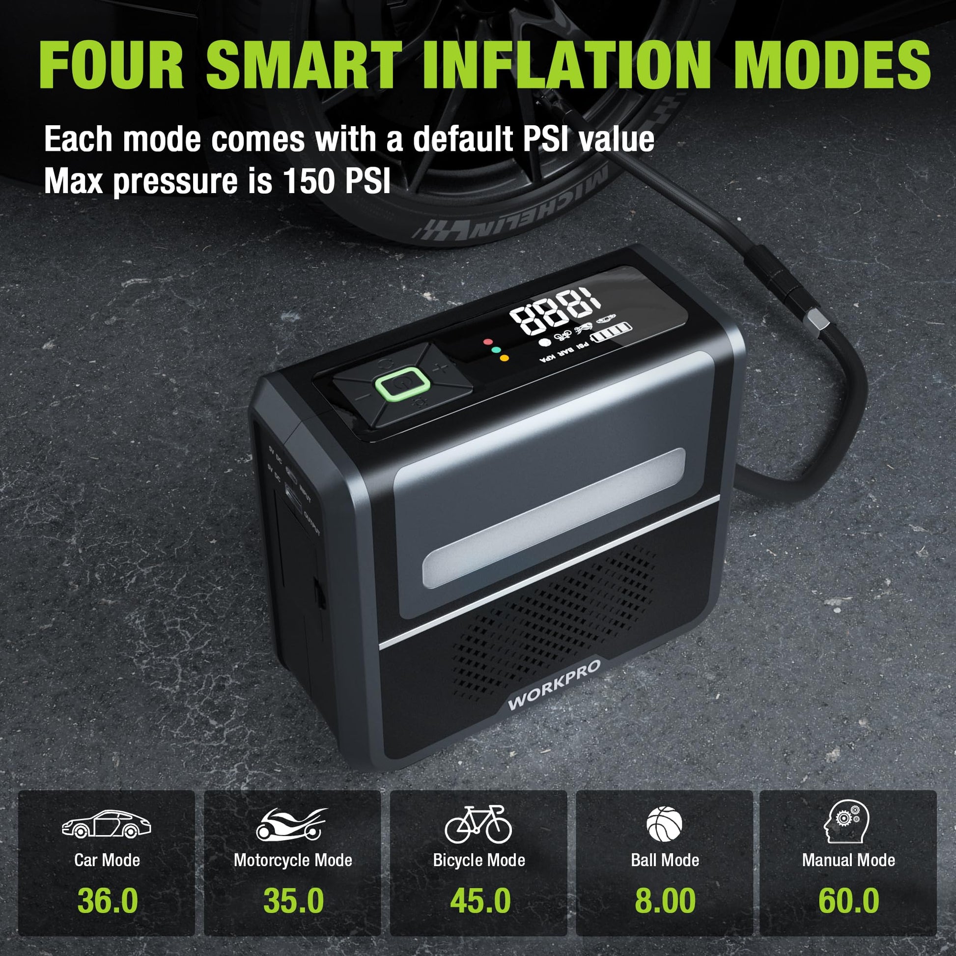 Portable tire inflator air compressor on ground with digital screen and mode icons