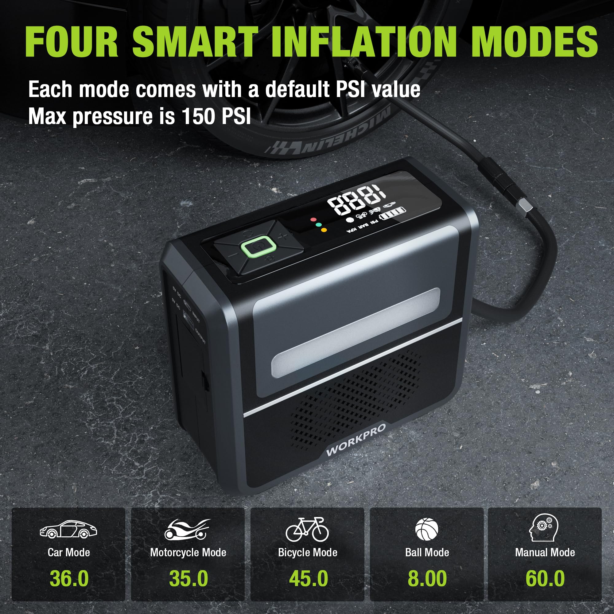 Portable tire inflator air compressor on ground with digital screen and mode icons