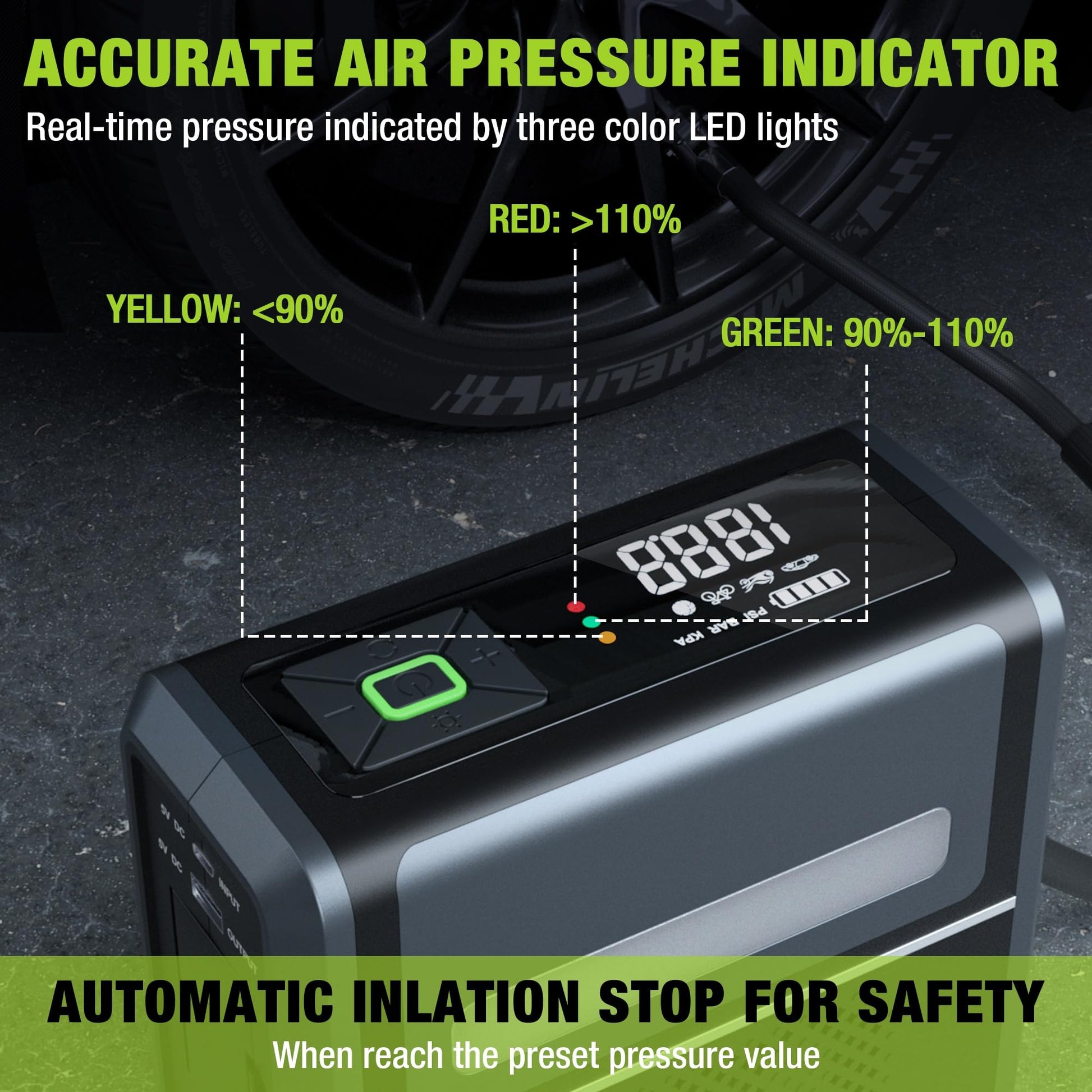 Portable tire inflator air compressor with digital display and LED pressure indicator window