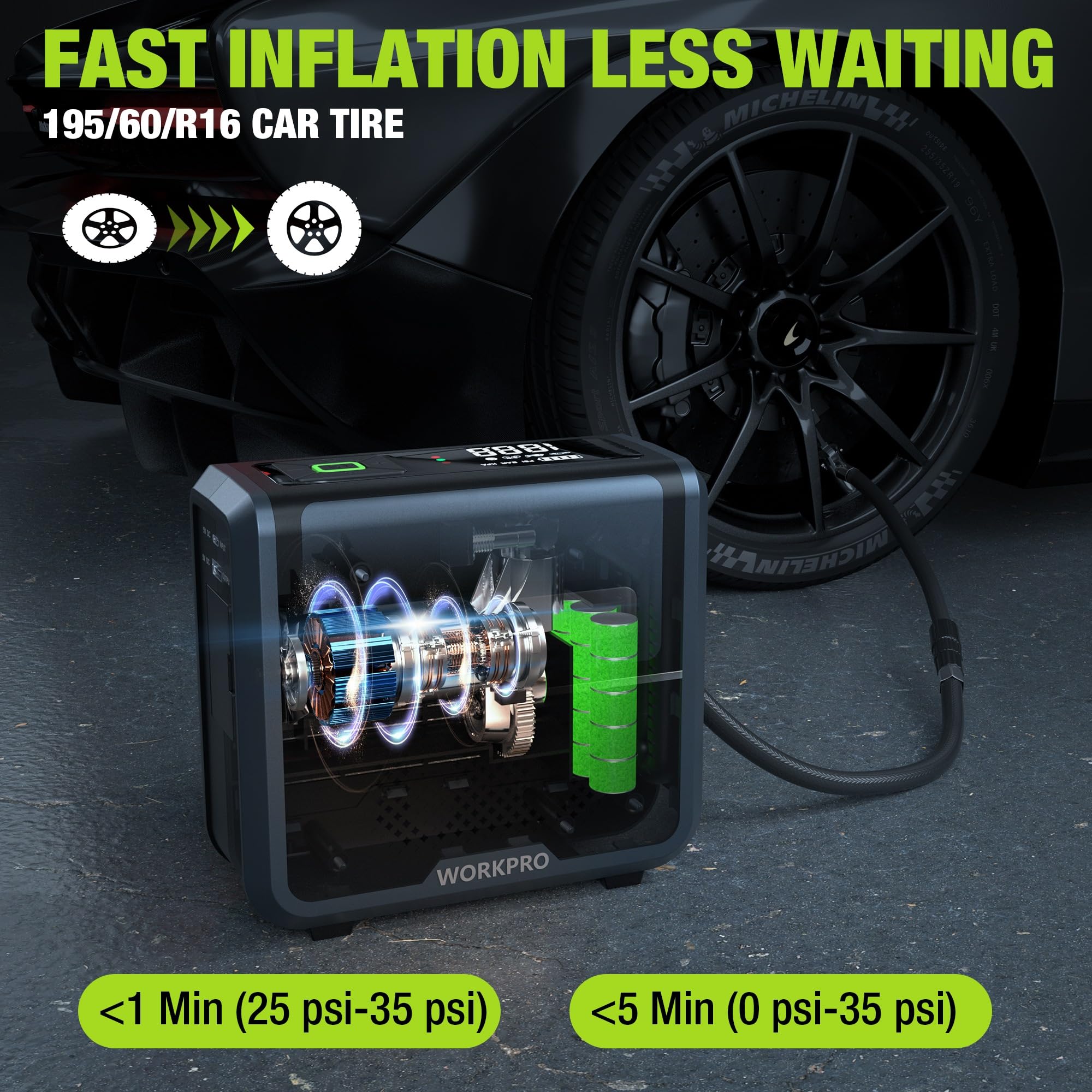 Portable tire inflator with clear gauge window and digital 1888 reading, green button
