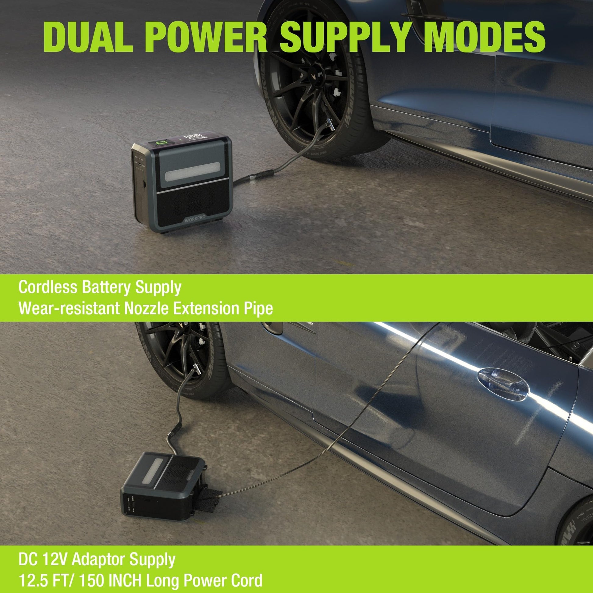 Portable tire inflator with 12V adapter and cord, compact compressor unit