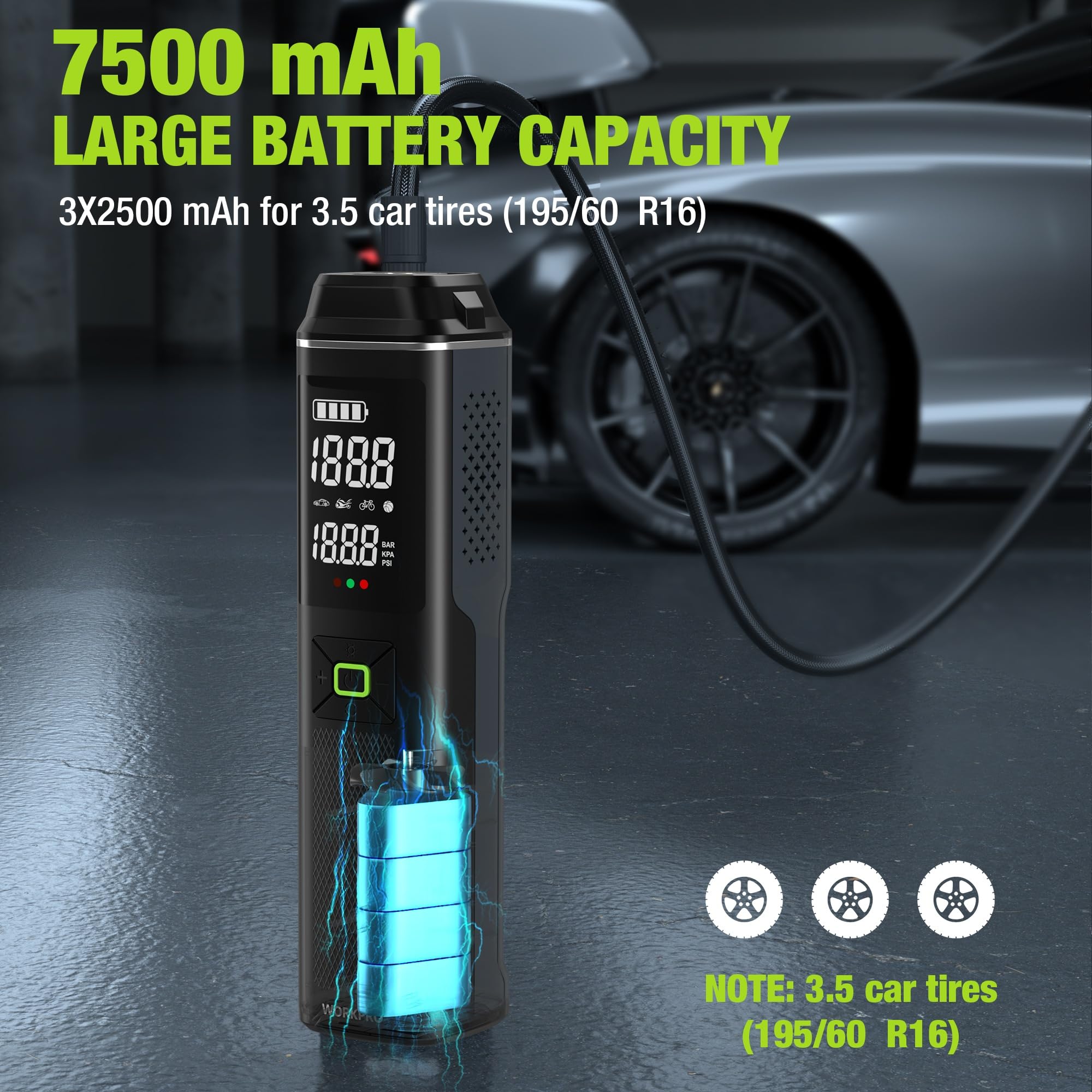 Portable air compressor with 7500 mAh battery design, blue light indicator and green power button