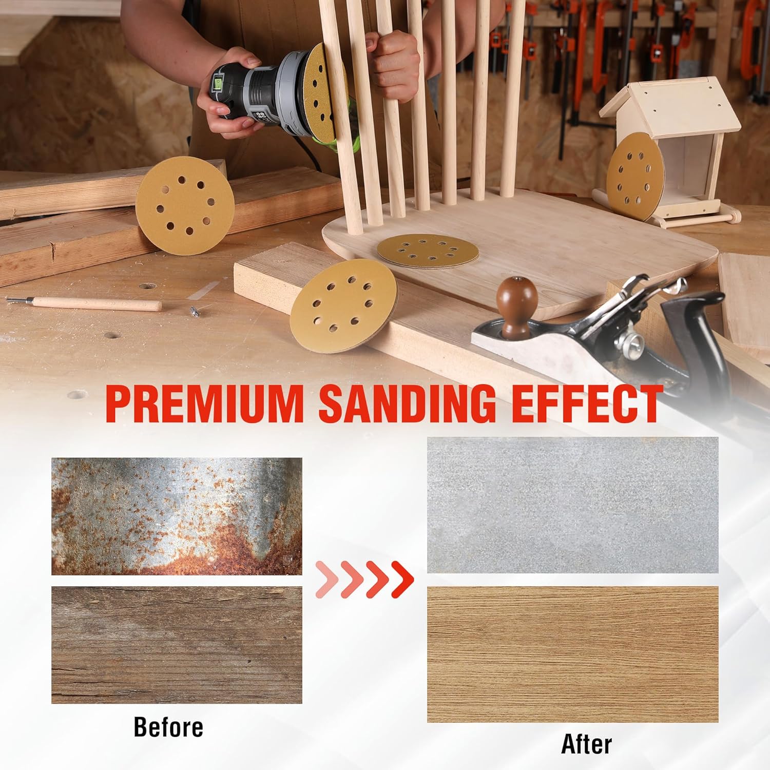 Gold hook-and-loop sanding discs with dust holes for use on wood during sanding