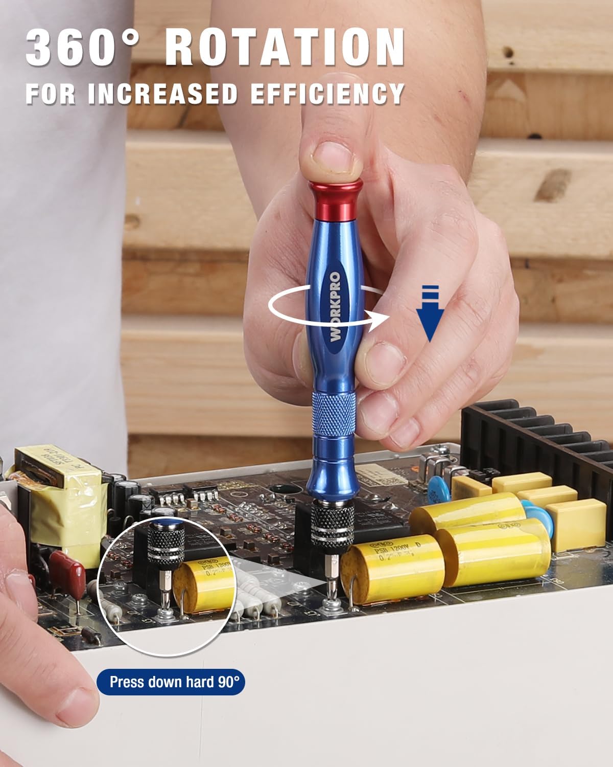 Blue pen-style precision screwdriver with rotating head above a tray of small bits