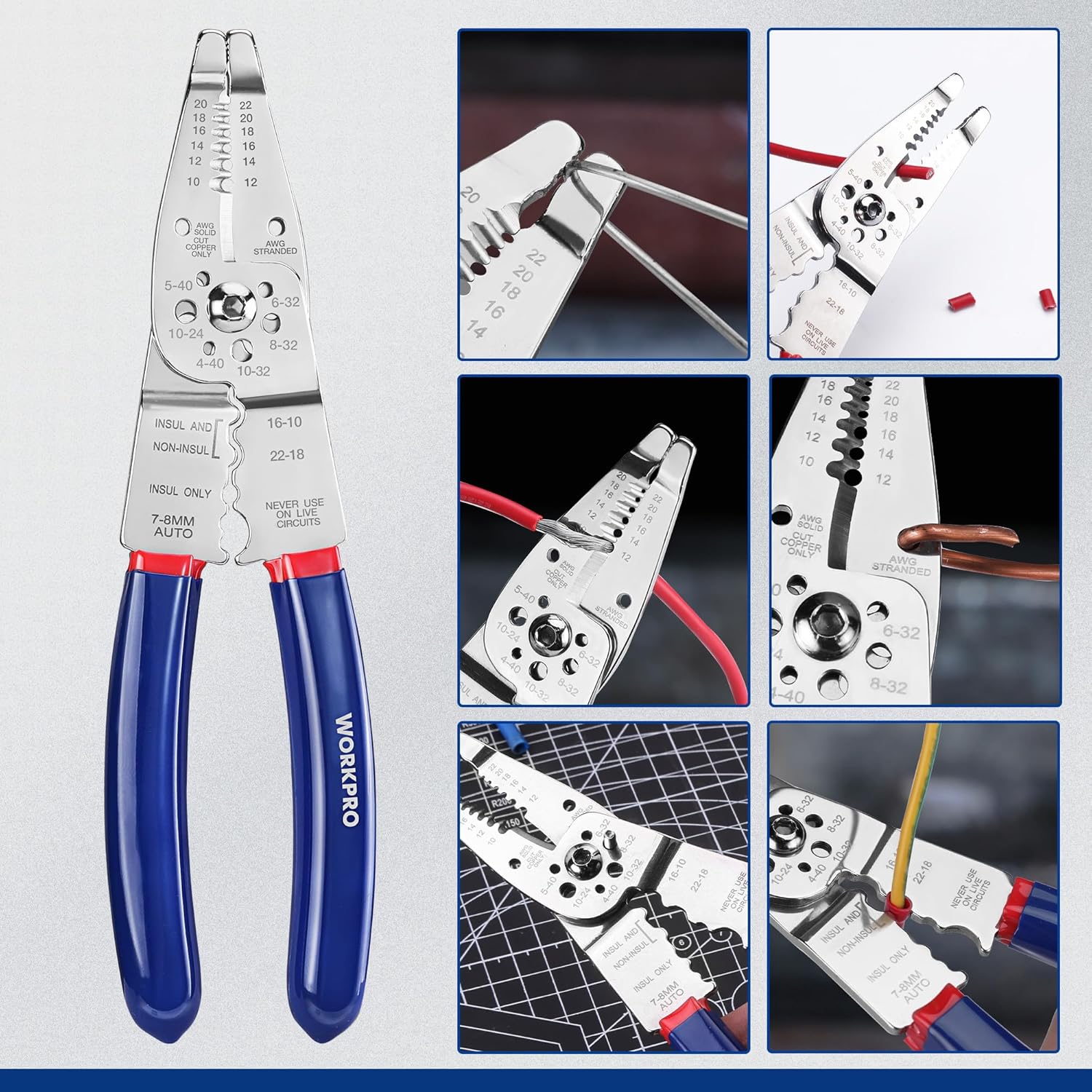 Wire stripping pliers in multiple views, blue handles and stainless steel cutting head