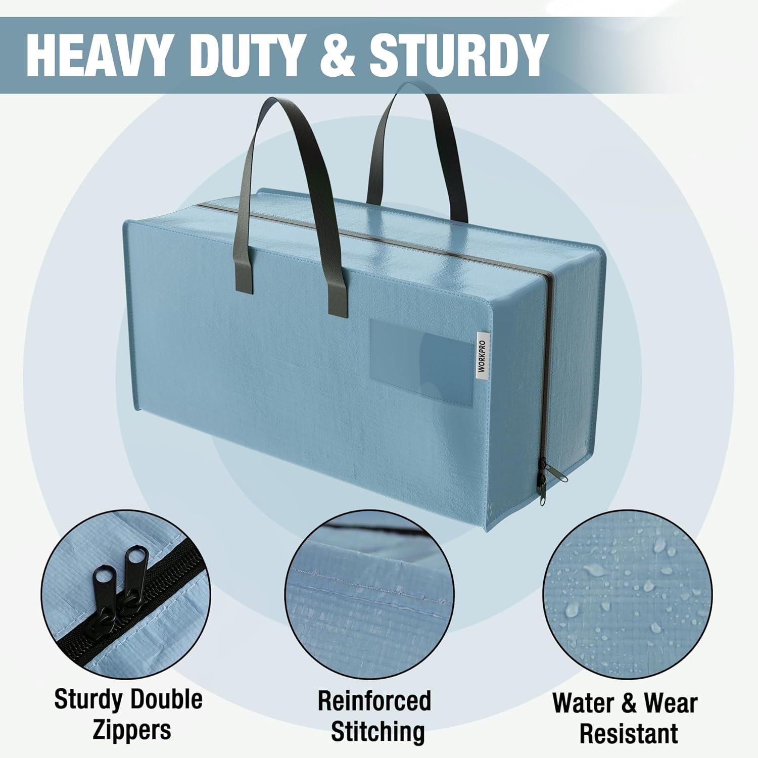 Dusty blue moving tote with reinforced stitching and double zipper closure, close-up