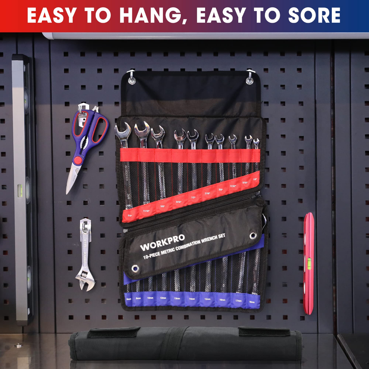 WORKPRO wrench roll with metric and SAE wrenches hanging on a pegboard