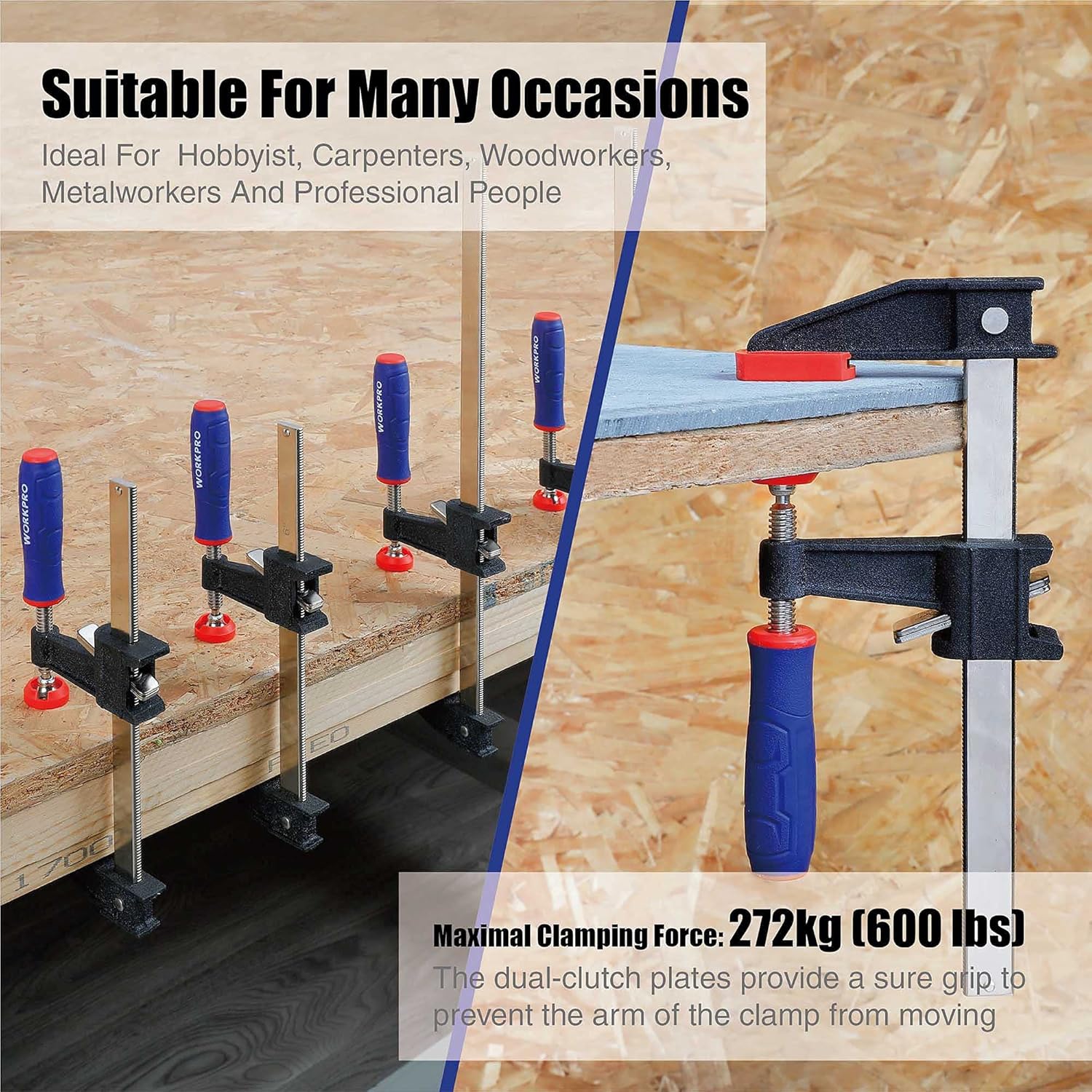 Two bar clamps with blue handles and red tips securing boards, black serrated steel bars