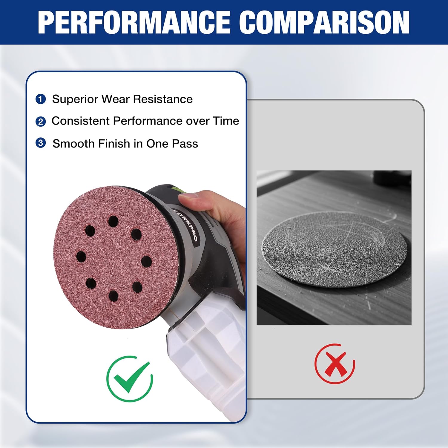 Red/brown 5-inch sanding disc with 8 holes mounted on an orbital sander